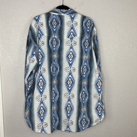 Vintage Wrangler Shirt Mens 2XL XXL Blue Short Sleeve Pearl Snap Aztec Southwest - Picture 3 of 7